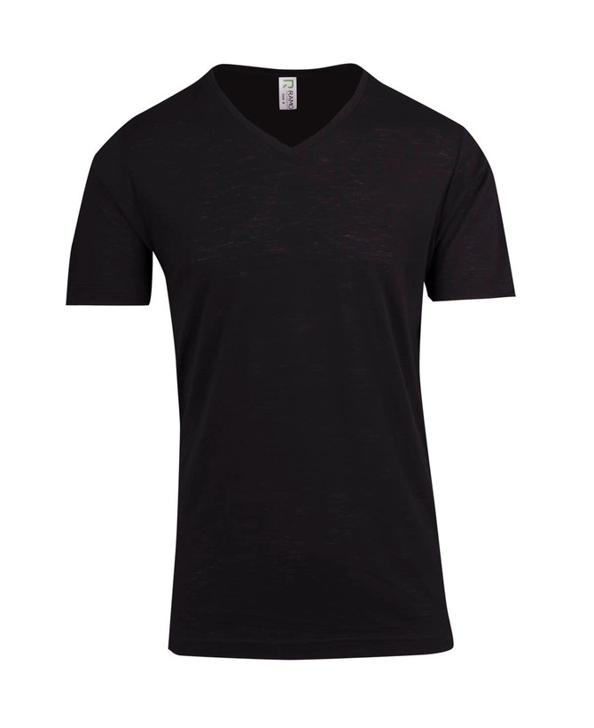 A black raw cotton V-neck T-shirt with short sleeves and a logo on the label.
