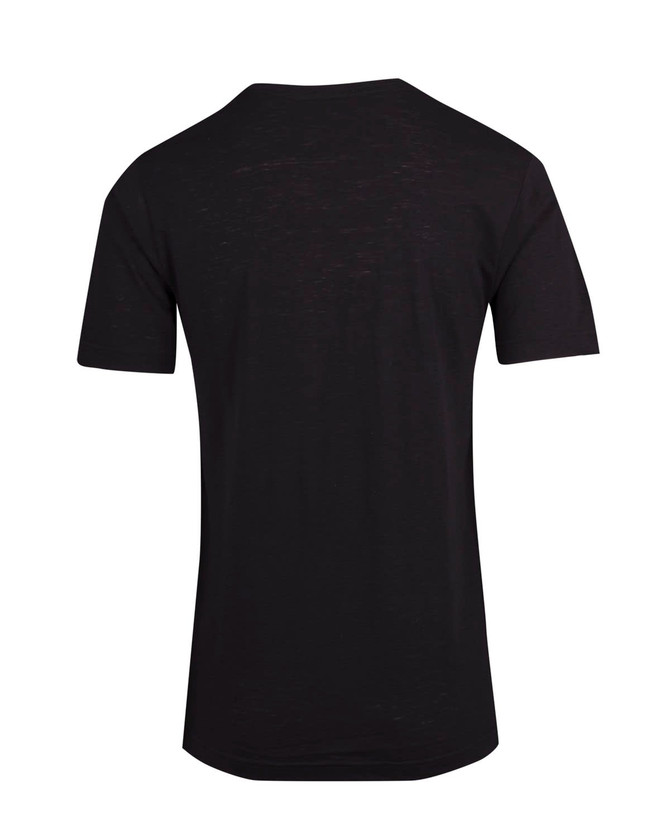 A black unisex raw cotton wave V neck T-shirt with a simple design and no visible logo on the back.