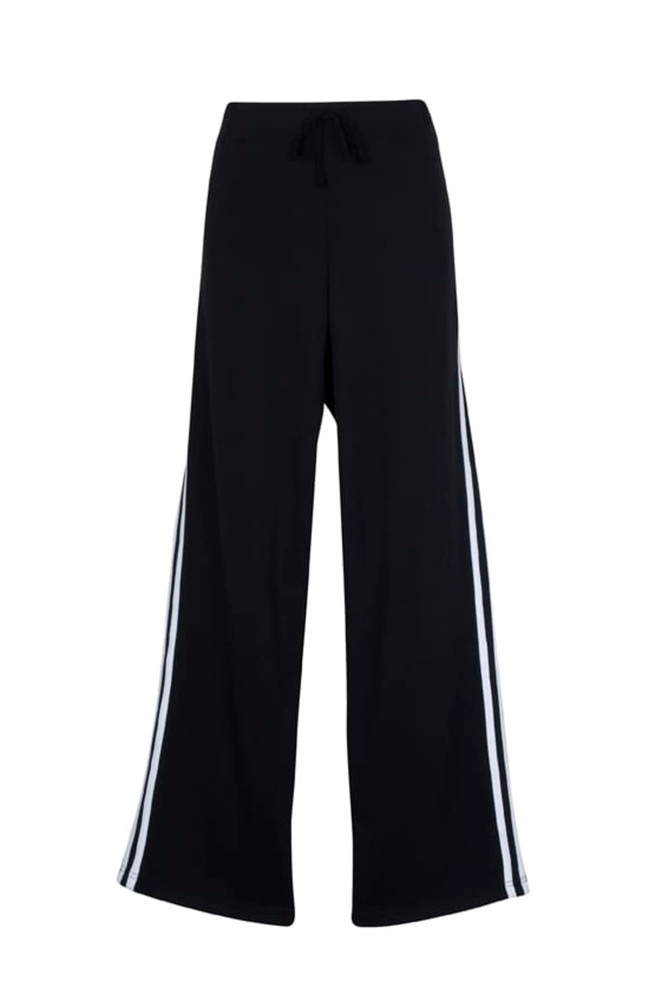 Black track pants with white stripes on the sides, featuring a drawstring waistband and a loose fit.