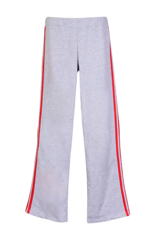 Grey track pants featuring red stripes down the sides. The pants have a relaxed fit and include a logo.