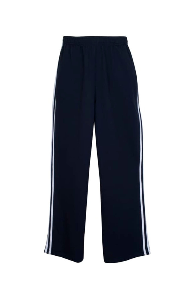 Striped track pants in navy blue with white stripes along the sides. Elastic waistband included.
