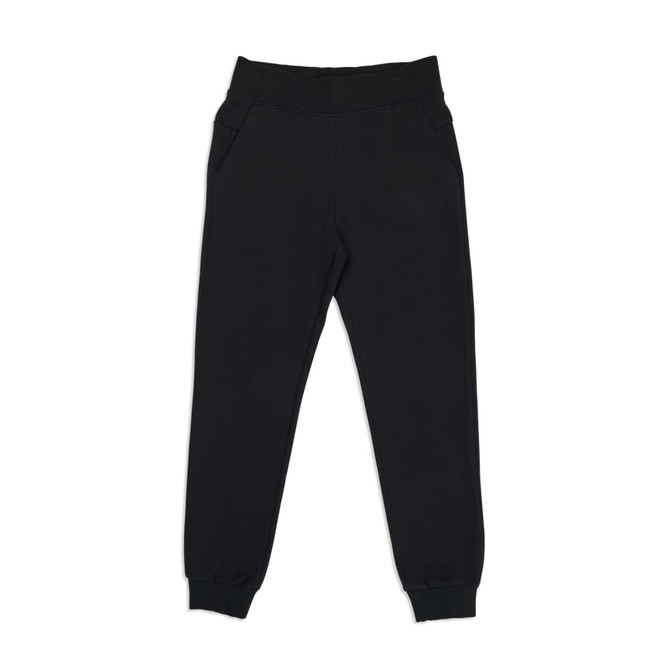 A pair of women's black track pants with a high waistband and side pockets. Features a smooth, practical design.
