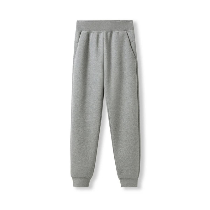 A pair of women's track pants in light grey, featuring an elastic waistband and side pockets.