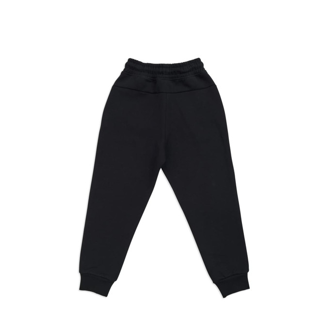 Kids' three-layer cotton track pants in black, featuring an elastic waistband and tapered cuffs. Includes a logo.