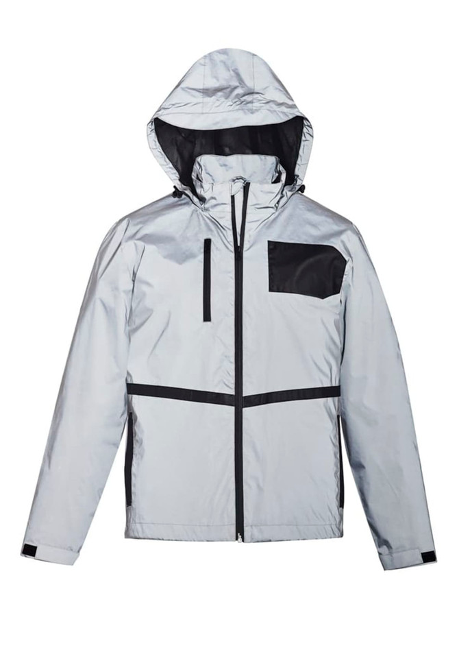 A reflective waterproof jacket in silver with black accents and a pocket, featuring a hood and zip closure.