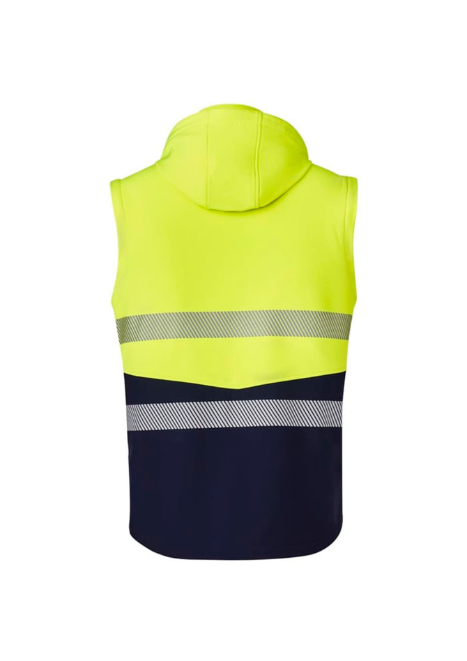 A high-visibility unisex softshell jacket in yellow and navy, featuring reflective stripes and a hood.
