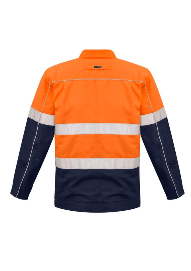 Hi-vis cotton drill jacket in orange and navy, featuring reflective stripes and a logo on the back.