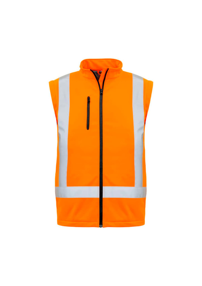 An orange softshell vest with reflective stripes and a zip-up front, featuring a pocket on the chest.