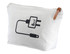 A white toiletry pouch with a zipper closure and a graphic depicting a plug and a cable. It features a brown leather pull tab.