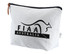 A white toiletry pouch with a zipper, featuring a logo and a leather pull tab.