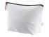 A white fabric pouch with a black zipper and a leather pull, featuring a small label on the side.
