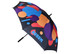 A full-colour golf umbrella featuring a black canopy with multicoloured abstract shapes and a logo.