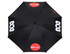 A black umbrella with a design featuring logos, shown from an overhead view.