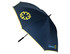 A navy umbrella with a yellow trim and a logo. Designed for leisure and outdoor use.
