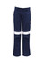 Navy cargo pants with reflective tape detail, featuring multiple pockets and a fitted design. Includes a logo.