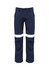 Navy work pants featuring reflective tape detail, designed in a traditional style with a logo present.