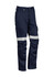 Navy work pants with reflective tape and pockets, designed for rugged wear. Features a logo on the waistband.