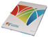 A top-bound A4 notebook with a colourful abstract design and a logo on the cover. Features a spiral binding.