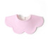 A pink baby bib with a scalloped design, made from 100% organic cotton interlock fabric. It has a button closure.