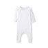 A white hooded baby suit made of organic cotton, featuring long sleeves and a front zip. It has a branding logo.