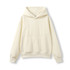 A cream-coloured oversized hoodie with a front pocket and a large hood. It features a logo on the tag.