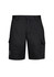 Black men's summer cargo shorts with side pockets and a basic button closure. Features branding.