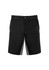 Black work shorts featuring side pockets and a logo, designed for comfort and flexibility.