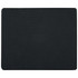 A black mouse pad with a textured surface, featuring a simple, sleek design. It has a logo in one corner.