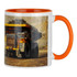 A ceramic mug with a white body and an orange handle, featuring an image of a large mining truck.