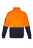 A unisex hi-vis pullover featuring an orange upper section and navy lower section, with a logo on the sleeve.