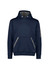A navy water-resistant hoodie with a front pocket and a logo on the sleeve. Features grey accents.