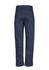 A pair of navy blue utility pants featuring multiple pockets and a branded logo on the back.