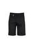 Plain black utility shorts featuring a front button and belt loop. Includes a logo on the waistband.