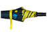 A navy and yellow promotional umbrella, rolled up with a black handle, featuring a logo.