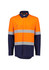 A lightweight ripstop shirt featuring orange and navy colour blocks with reflective hoop tape accents. It includes chest pockets and a logo.