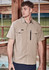 A light beige men's short sleeve button-up shirt with two chest pockets and a zipper pocket, featuring a logo.