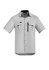 A light grey short sleeve button-up shirt with two chest pockets and a zip pocket, featuring a logo.