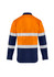 A long-sleeve work shirt in orange and navy, featuring reflective stripes and a brand logo.