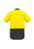 A short sleeve shirt featuring a bright yellow upper and dark grey lower section, with a logo on the back.