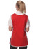 A ladies' smock in red with a back view, featuring a white collar and tied sides. It has a logo on the fabric.