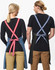 Denim bib apron in blue with contrasting striped ties, featured on two models wearing black shirts and beige pants.