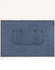 A denim half apron in blue with a front pocket and brass button accents. It has a simple, functional design.