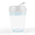 A reusable coffee cup in clear glass with a white flip lid and blank white band. Features a logo.