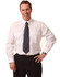 A man wearing a white long sleeve button-up shirt with epaulettes and a striped tie, posing confidently.
