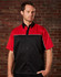 A short-sleeve button-up shirt in red and black, featuring a contrasting panel and a logo.