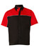 A Men’s Racer Tri-Color shirt featuring a black body with red sleeves and accents, presented in a button-up style.