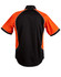 A black and orange button-up shirt featuring contrast stitching and a logo on the back. Short sleeves and a collar.