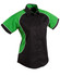 A button-up shirt in black with green contrast, featuring short sleeves and a logo.