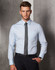 A long sleeve button-up shirt in light blue with stripes, featuring a pocket and a classic collar.