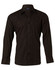 A black long sleeve button-up shirt featuring fine stripes and a collar, with a branding logo on the inside.